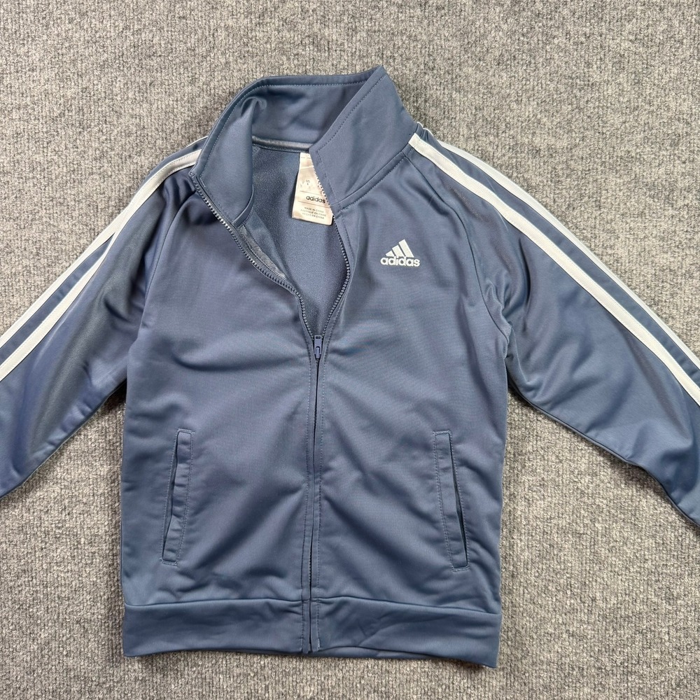 Adidas Track Jacket Kids Size 6 Blue Gray 3-Stripe Full Zip Sporty AG10349